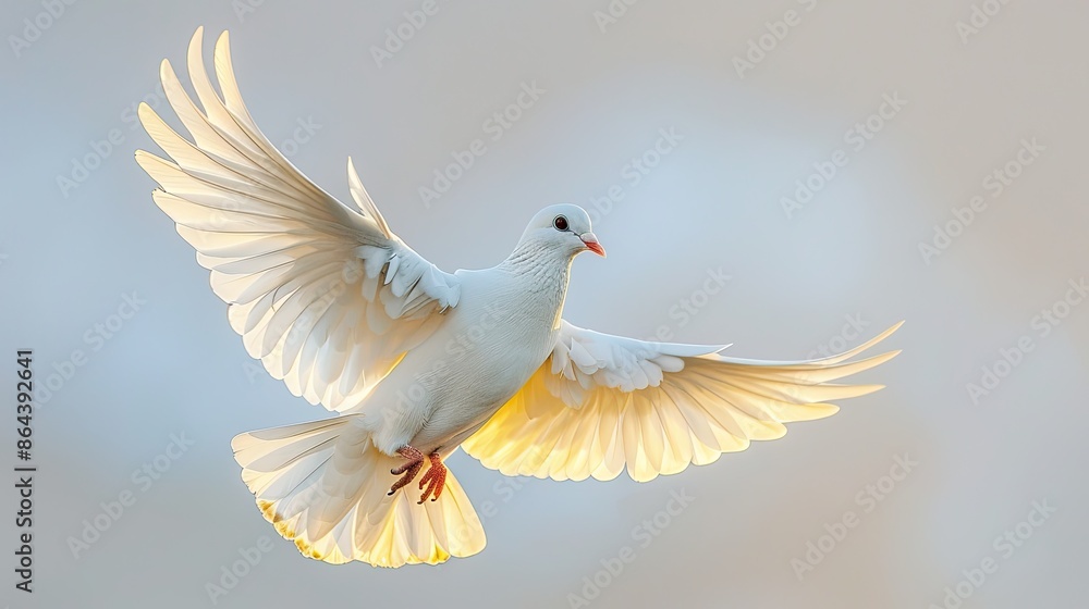 Obraz premium Dove of Peace A majestic white dove, symbolizing peace, soars gracefully through the sky, its wings outstretched, each feather reflecting the holy light of the spirit