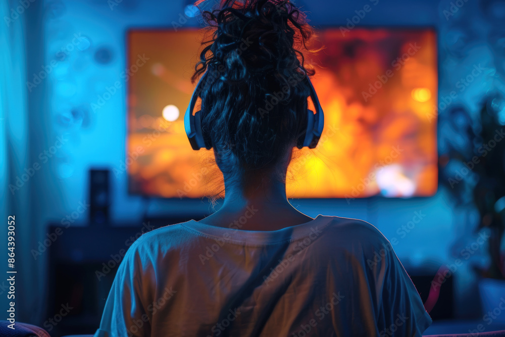 Fototapeta premium Girl watching TV with endless streaming options