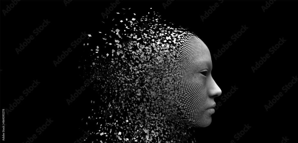 Vector human or artificial head dispersion effect and disintegrating into particles on black background. 3D polygonal illustration. Concept of fusion between human and artificial intelligence.