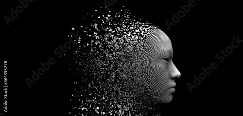 Vector human or artificial head dispersion effect and disintegrating into particles on black background. 3D polygonal illustration. Concept of fusion between human and artificial intelligence.