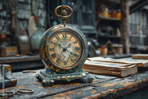 An antique pocket watch lies on a rustic wooden table, surrounded by old books and various vintage objects, illustrating the passage of time and the charm of bygone eras.