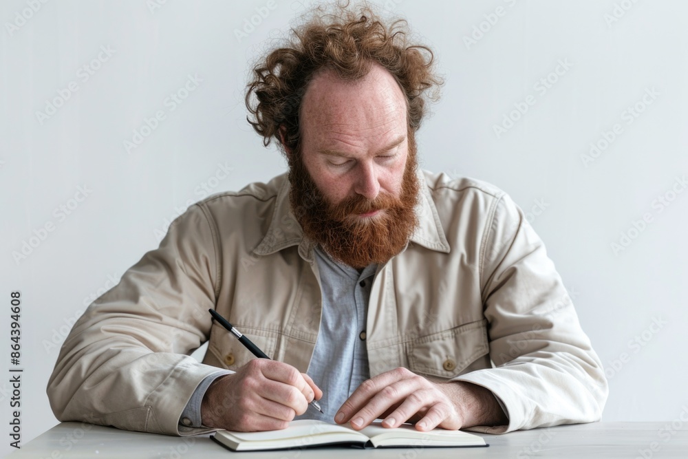 A man with a red beard sits at a table, pen in hand, and writes in a notebook. His focused expression suggests deep thought as he commits his thoughts to paper A man with a red beard sits at a table, pen in hand, and writes in a notebook. His focused expression suggests deep thought as he commits his thoughts to paper