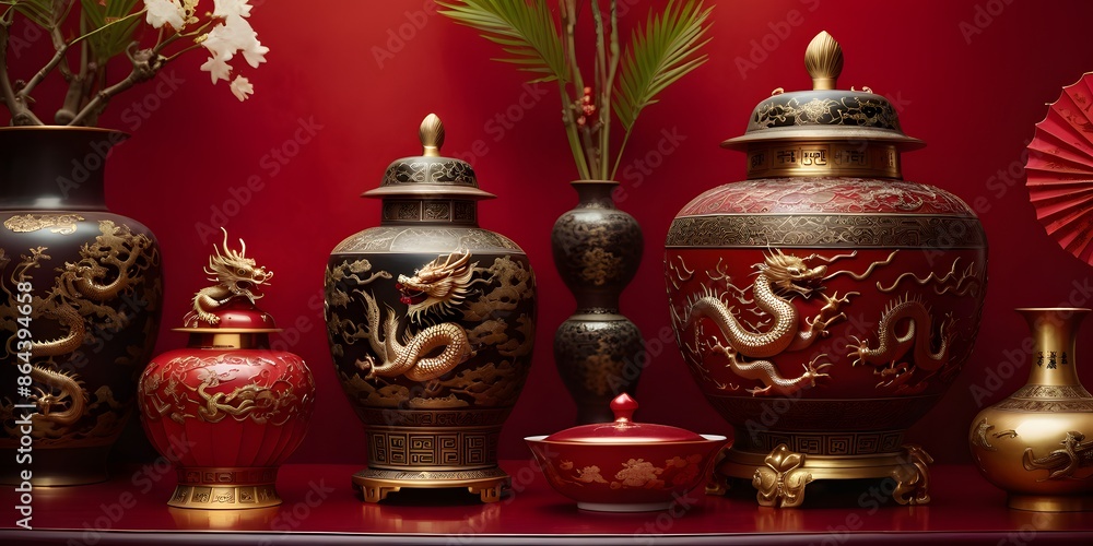 A luxurious composition showcasing Chinese artifacts, including a golden dragon, ornate vases, and traditional fans, all set against a rich crimson red background. A luxurious composition showcasing Chinese artifacts, including a golden dragon, ornate vases, and traditional fans, all set against a rich crimson red background.