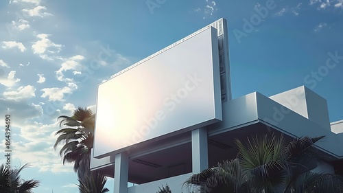 Blank billboard on modern building with palm trees mockup