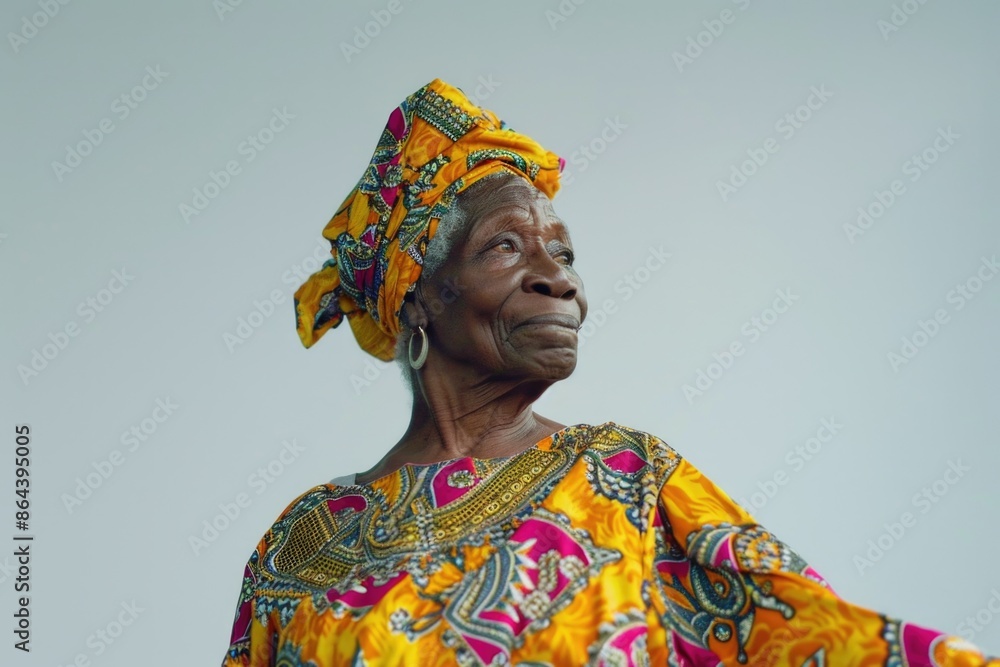 Obraz premium A portrait of an elderly woman with a warm smile, wearing a colorful traditional head wrap and dress. She is looking off to the side, lost in thought