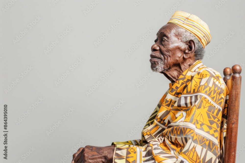 Obraz premium A portrait of an elderly man wearing traditional African clothing, sitting in a chair and gazing towards the horizon, with a contemplative expression on his face