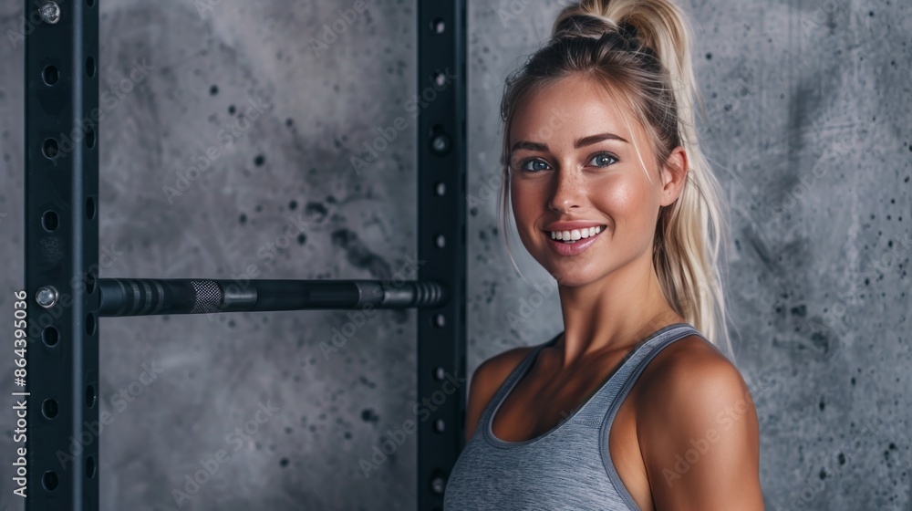 smiling young woman in a sports top against the backdrop of the gym smiling young woman in a sports top against the backdrop of the gym
