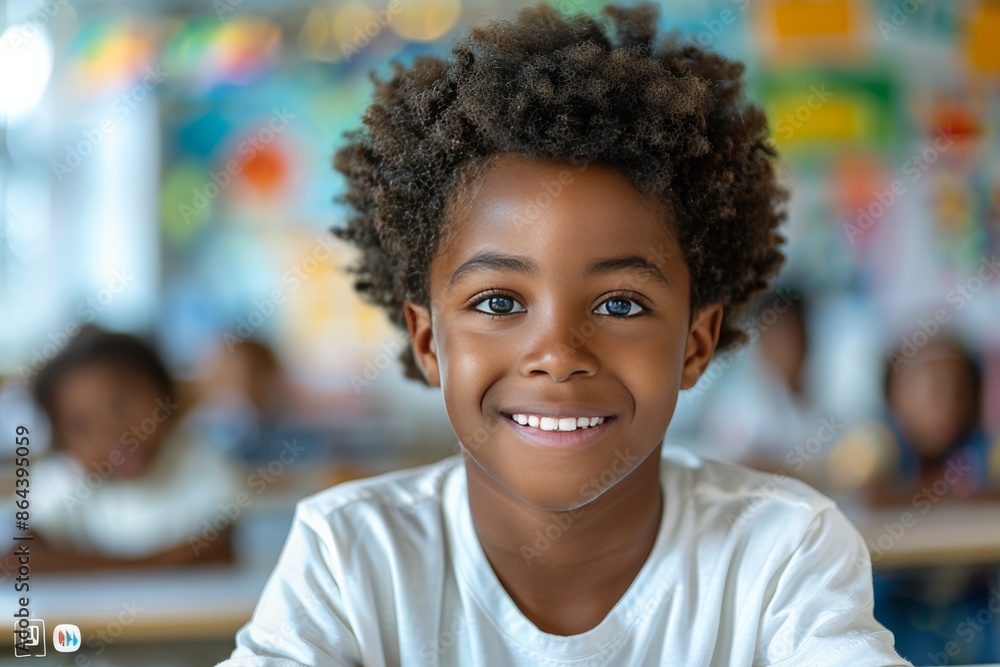smiling black boy in white t-shirt sitting at school desk at school, back to school concept smiling black boy in white t-shirt sitting at school desk at school, back to school concept