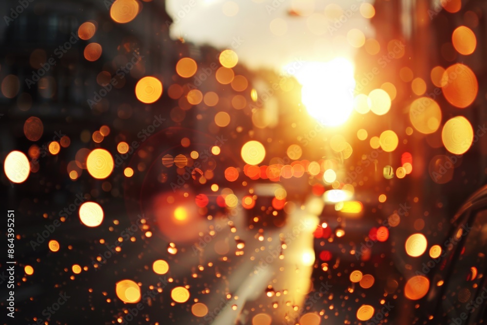 A photo of a city street at sunset, taken through a rainy window. The bokeh effect creates a warm and inviting atmosphere