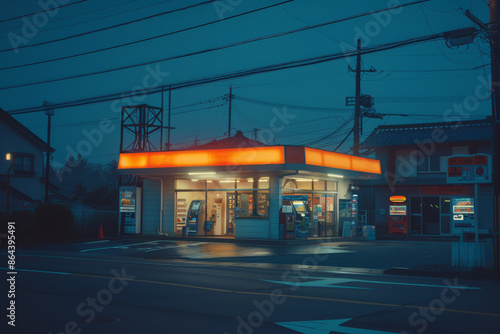 A brightly lit convenience store stands out against the blue dusk sky in a Japanese town