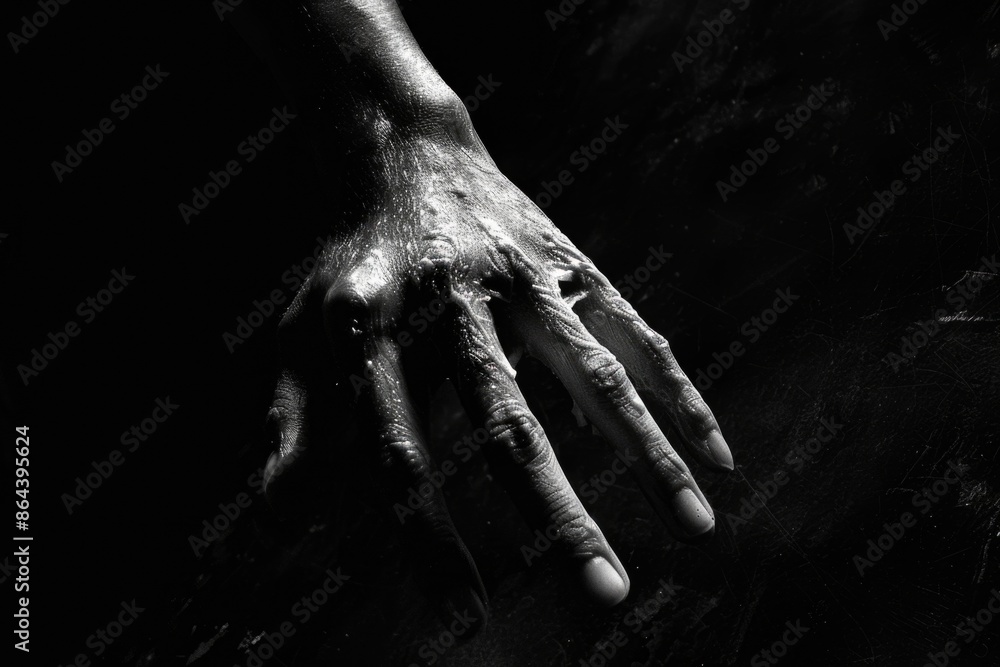 A black and white photograph of a hand reaching out from the darkness, with only the hand illuminated A black and white photograph of a hand reaching out from the darkness, with only the hand illuminated