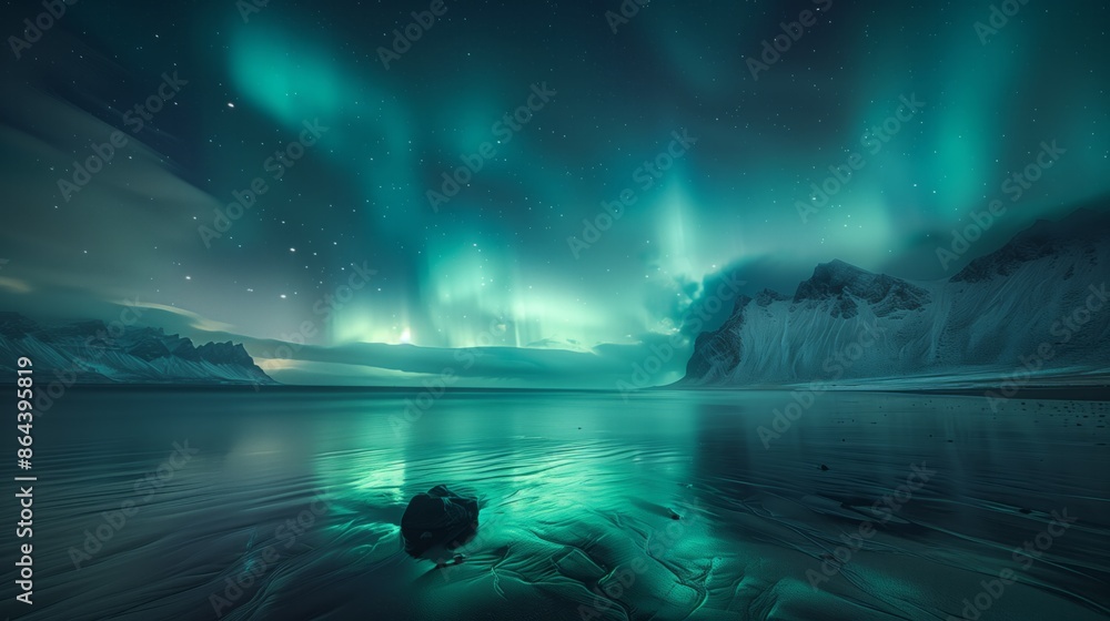 Aurora over a beautiful night lake surrounded by mountains Aurora over a beautiful night lake surrounded by mountains