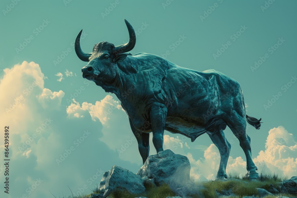 Obraz premium A bronze bull sculpture stands tall against a backdrop of fluffy clouds, its gaze directed towards the horizon. The sculpture is perched atop a rocky outcrop, emphasizing its strength and dominance