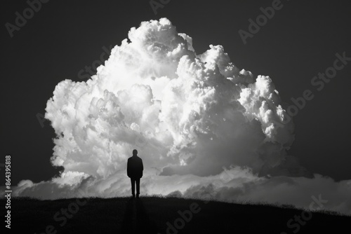 A lone figure stands silhouetted against a massive, towering cloud, suggesting a moment of contemplation and the weight of an impending storm