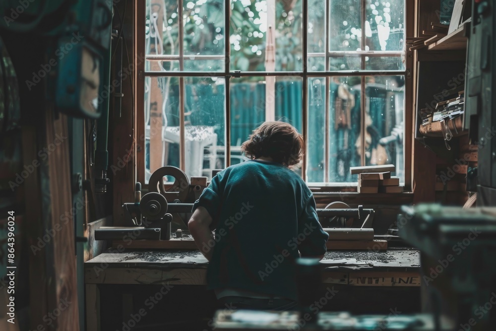 A lone craftsman sits at a workbench, his back to the viewer, lost in thought as he gazes out the window of his workshop A lone craftsman sits at a workbench, his back to the viewer, lost in thought as he gazes out the window of his workshop