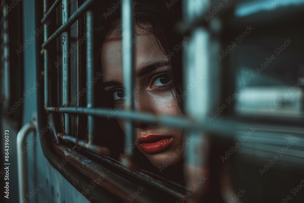 A womans face is partially obscured by metal bars, with a look of sadness in her eyes