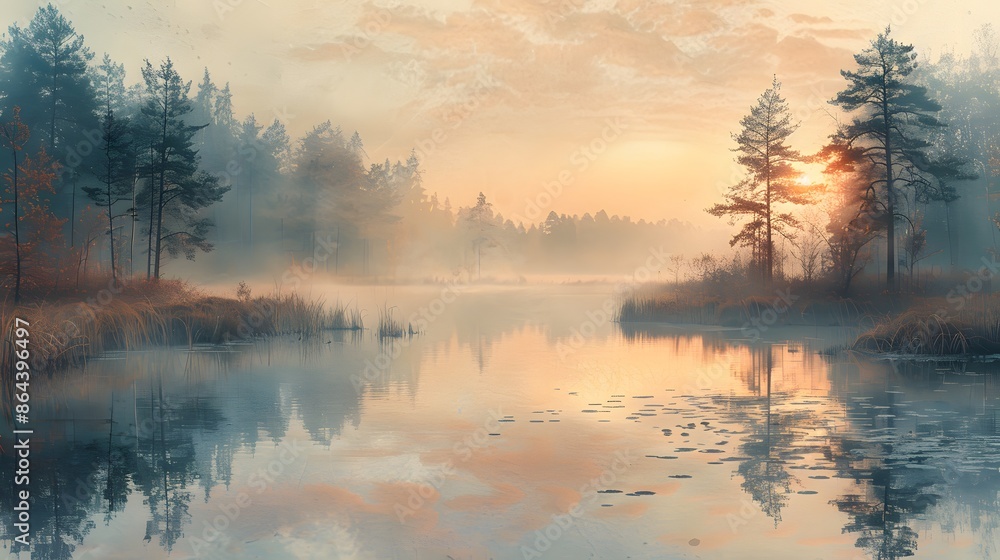 A watercolor landscape of a marshland covered in dense morning fog, distant trees barely visible through the mist, water reflecting the soft light of dawn, a tranquil and serene setting. A watercolor landscape of a marshland covered in dense morning fog, distant trees barely visible through the mist, water reflecting the soft light of dawn, a tranquil and serene setting.