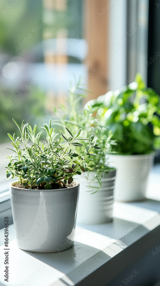 Potted plant on window sill with sunlight streaming through window Potted plant on window sill with sunlight streaming through window