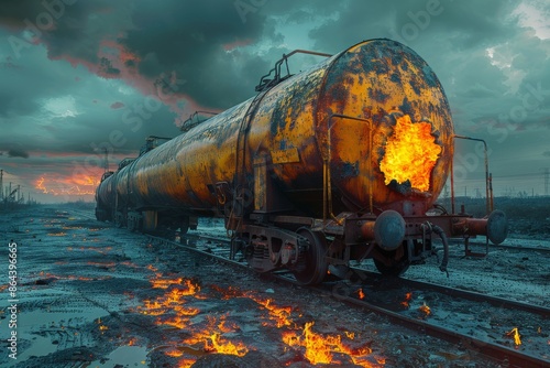 A series of rusted train cars, with one showing significant fire damage and molten interior, set against a striking, ominous sky, evoking a post-apocalyptic scene. photo