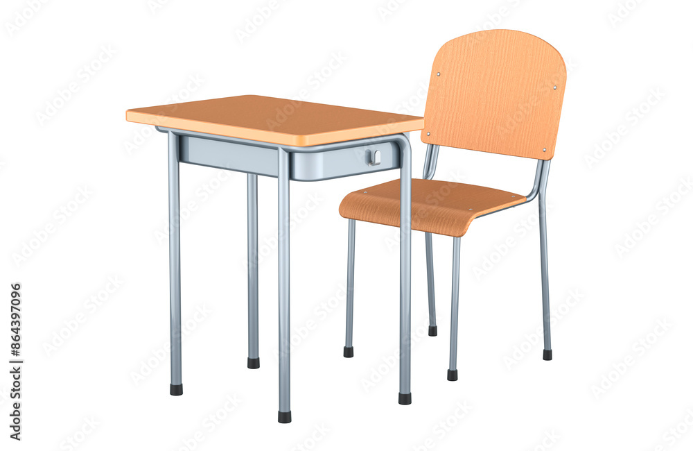 Empty school desk with chair for one student, 3D rendering Empty school desk with chair for one student, 3D rendering