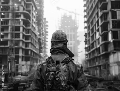 View from back of builder in protective helmet, grey gear and with backpack. Against background of construction of modern building. Realistic style. Black and white.
