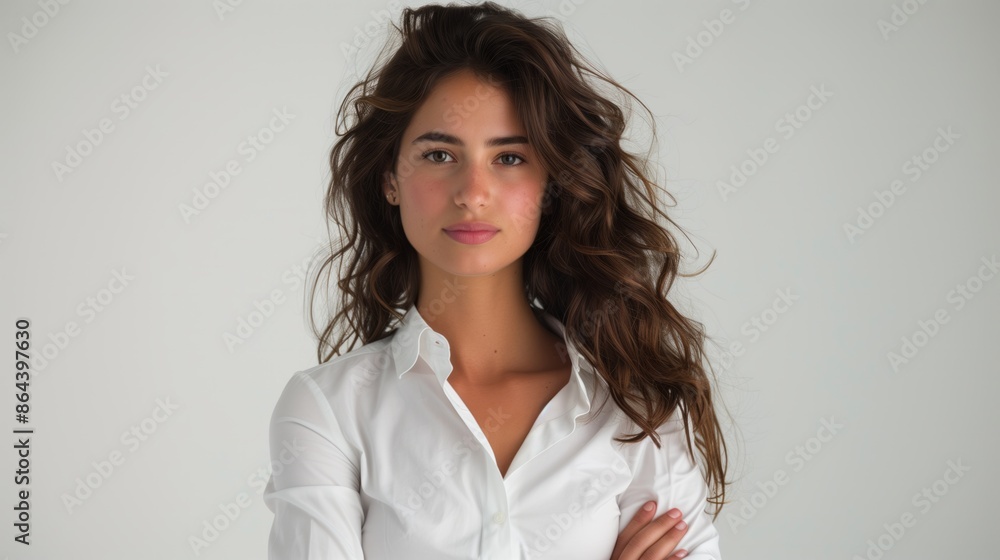 Portrait of a young woman with long brown hair on a plain white background Portrait of a young woman with long brown hair on a plain white background