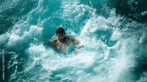 A person swimming in turbulent waters with a strong current, representing the danger of drowning.  © VRAYVENUS