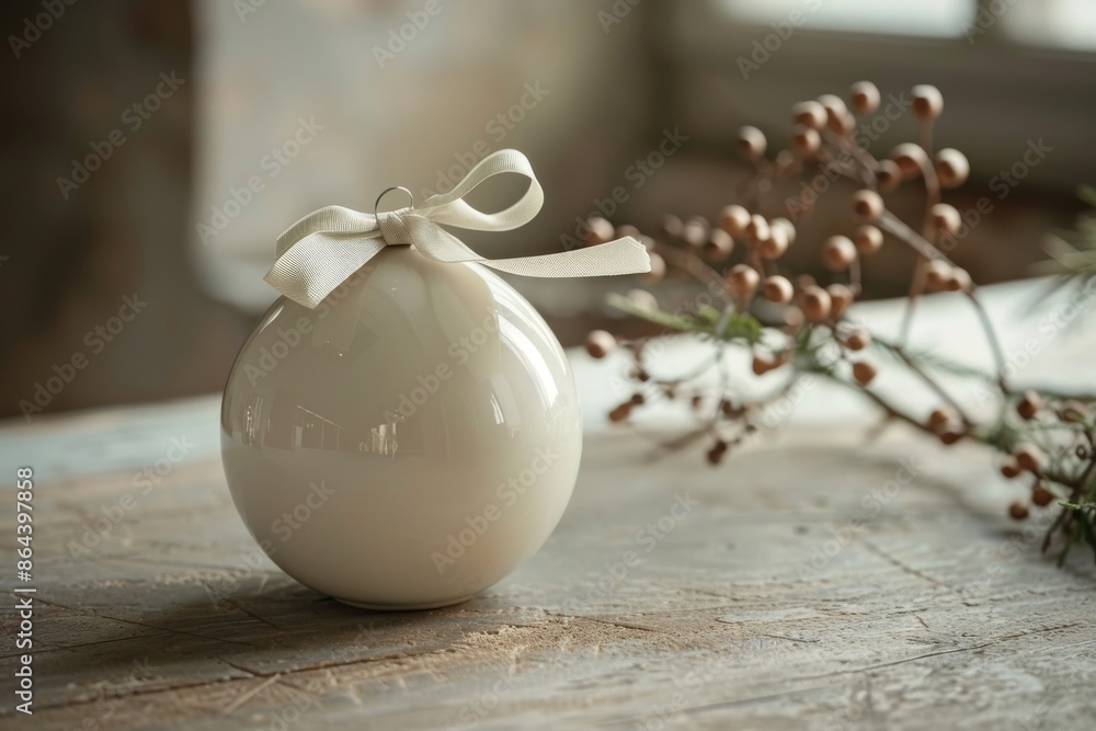 White ceramic Christmas ball with white ribbon in Scandinavian style stands on table with different New Year decor. Postcard or wallpaper with Christmas decor with blurred background. White ceramic Christmas ball with white ribbon in Scandinavian style stands on table with different New Year decor. Postcard or wallpaper with Christmas decor with blurred background.