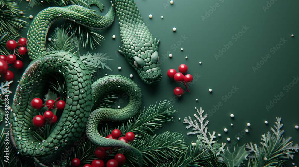 Fototapeta premium a green snake amidst red berries and pine branches, with snowflakes and white beads scattered around. It combines natural elements with holiday decorations, evoking a sense of winter festivity. 