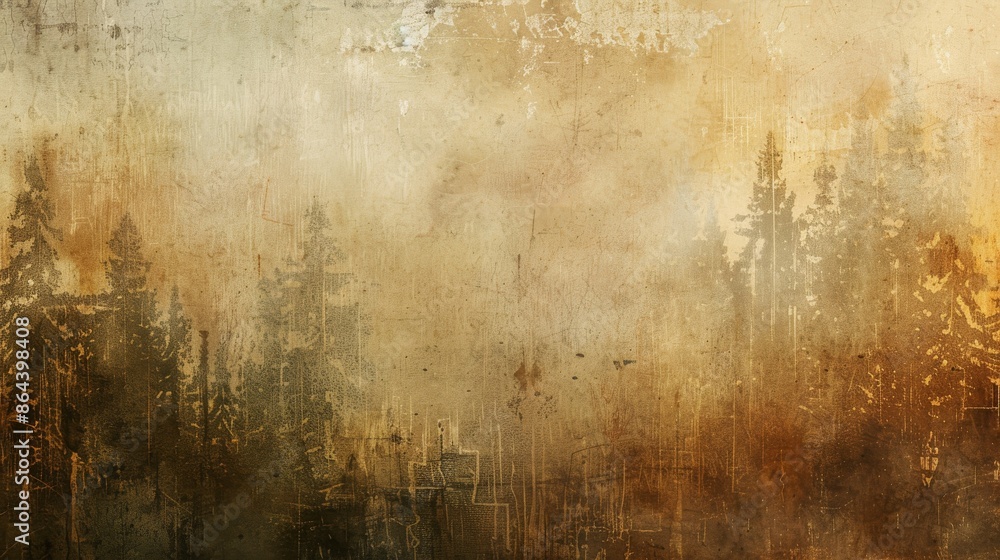 Abstract Forest Landscape Painting. Golden Hues and Misty Atmosphere Abstract Forest Landscape Painting. Golden Hues and Misty Atmosphere