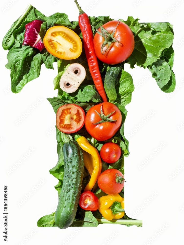 Letter T, vegetables font on white background Letter T, vegetables font on white background