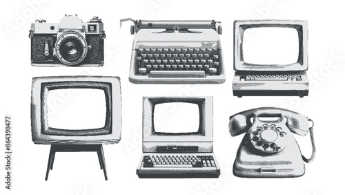 Old computers, TV, cell phone, camera. Retro technology concept. Contemporary Retro Surreal Collage Set. Halftone cut out elements. Vintage psychedelic dotted stickers.