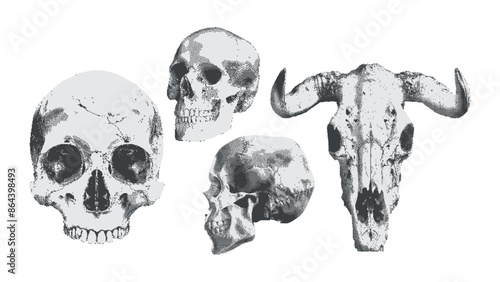 Human skulls and bull skull. Gothic contemporary retro surreal collage kit. Halftone y2k cut out skeleton head. Pop art dotted stickers.