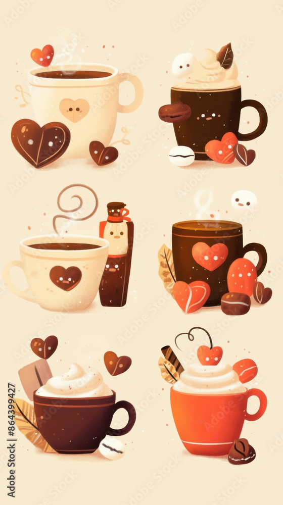 A set of coffee cups with different designs A set of coffee cups with different designs