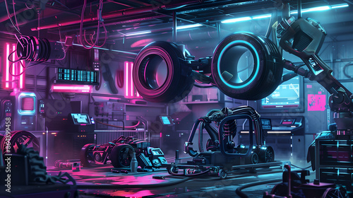 Futuristic Garage with Neon Lights and Racing Cars.
