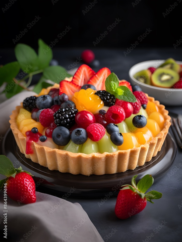 Vibrant Mixed Fruit Tart with Kiwi, Berries, and Peach Glaze. Vibrant Mixed Fruit Tart with Kiwi, Berries, and Peach Glaze.