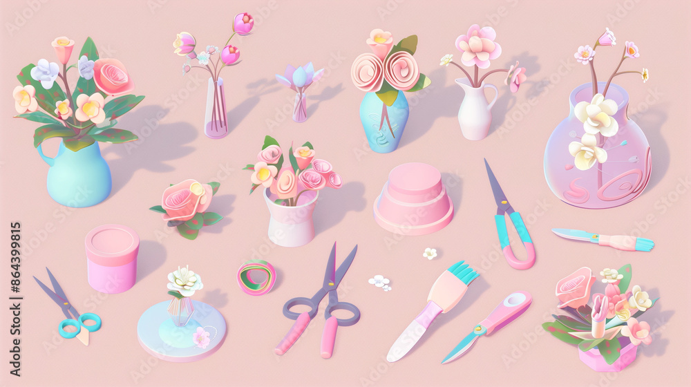 Fototapeta premium Series of isometric 3D cartoon icons in pastel colors featuring flower arranging tools, scissors, vases, and flowers on a white background.