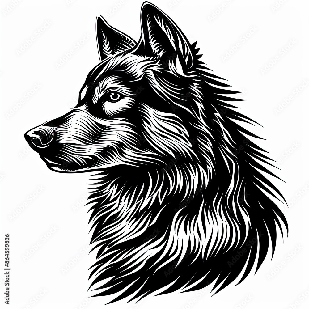 A black and white drawing of a wolf's head