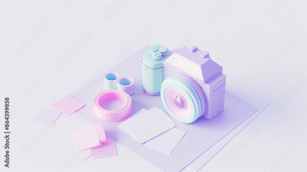 Isometric 3D cartoon icon of a pastel-colored camera with film rolls and photo prints on a white background.
Isometric 3D cartoon icon of a pastel-colored camera with film rolls and photo prints on a white background.