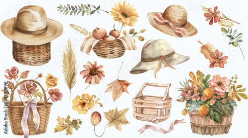 Fototapeta Naklejka Na Ścianę i Meble -  A collection of watercolor flowers and hats