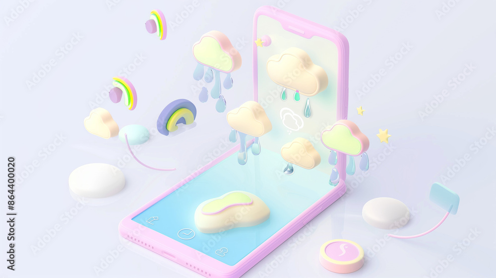 An isometric 3D cartoon illustration featuring a smartphone with a soft pastel-colored weather app, showcasing digital weather forecasts on a minimalist white backdrop.
An isometric 3D cartoon illustration featuring a smartphone with a soft pastel-colored weather app, showcasing digital weather forecasts on a minimalist white backdrop.