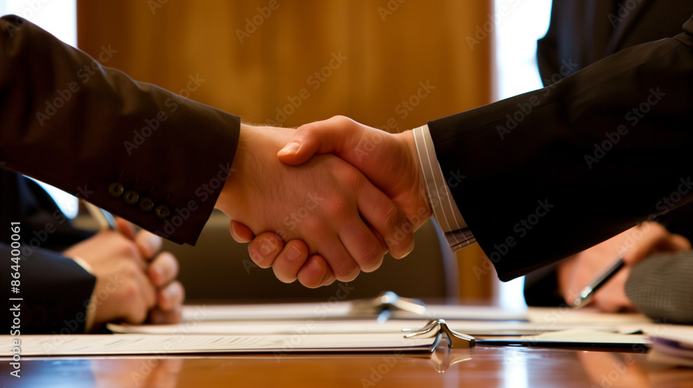 An image capturing the moment of a handshake on a contract during business negotiations, with a conference room setting and colleagues' hands holding pens visible in the background.
An image capturing the moment of a handshake on a contract during business negotiations, with a conference room setting and colleagues' hands holding pens visible in the background.