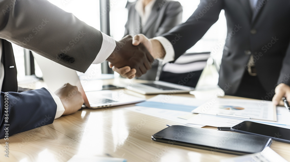 A close-up photograph of a handshake sealing a business deal on a contract, set against a blurred background of office furniture and colleagues' hands holding pens in a conference room.
A close-up photograph of a handshake sealing a business deal on a contract, set against a blurred background of office furniture and colleagues' hands holding pens in a conference room.