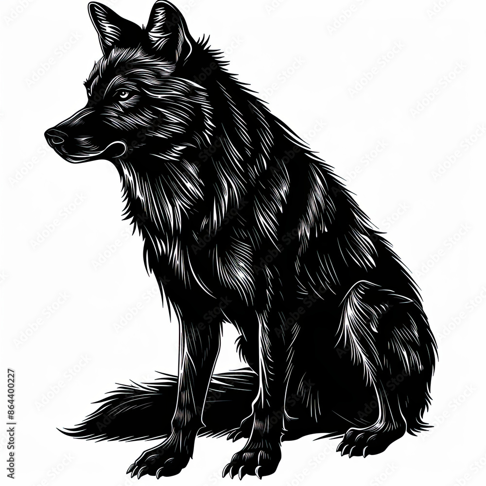 Fototapeta A black and white drawing of a wolf sitting down