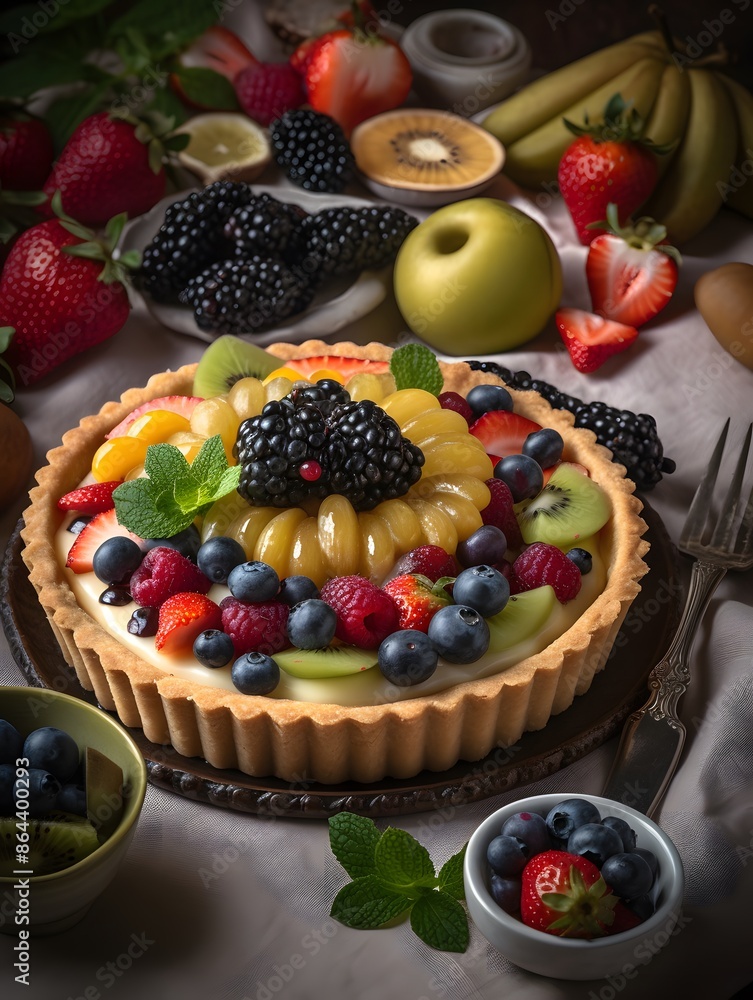 Vibrant Mixed Fruit Tart with Kiwi, Berries, and Peach Glaze. Vibrant Mixed Fruit Tart with Kiwi, Berries, and Peach Glaze.