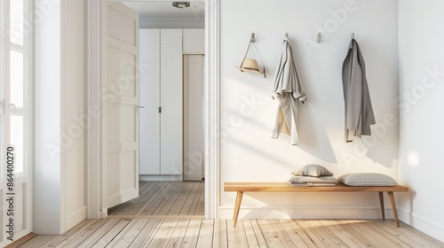 Modern hallway with a minimalist wooden bench, white walls, and stylish hanging clothes