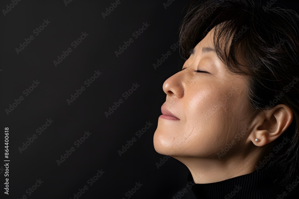 Ia generated. Cutaway view of a smiling Asian woman closing her eyes isolated in black Ia generated. Cutaway view of a smiling Asian woman closing her eyes isolated in black