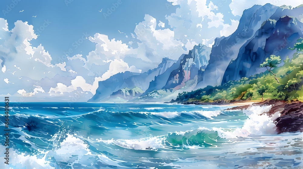 A watercolor landscape of a seaside cliff, the ocean waves crashing against the base, a clear blue sky with a few clouds, vibrant greens and browns of the cliffside vegetation. A watercolor landscape of a seaside cliff, the ocean waves crashing against the base, a clear blue sky with a few clouds, vibrant greens and browns of the cliffside vegetation.