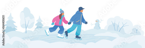 Boy with girl skating  on the rink holding hands. Vector color illustration in flat style.