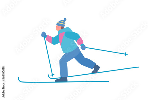 Man is skiing. Vector color illustration in flat style.